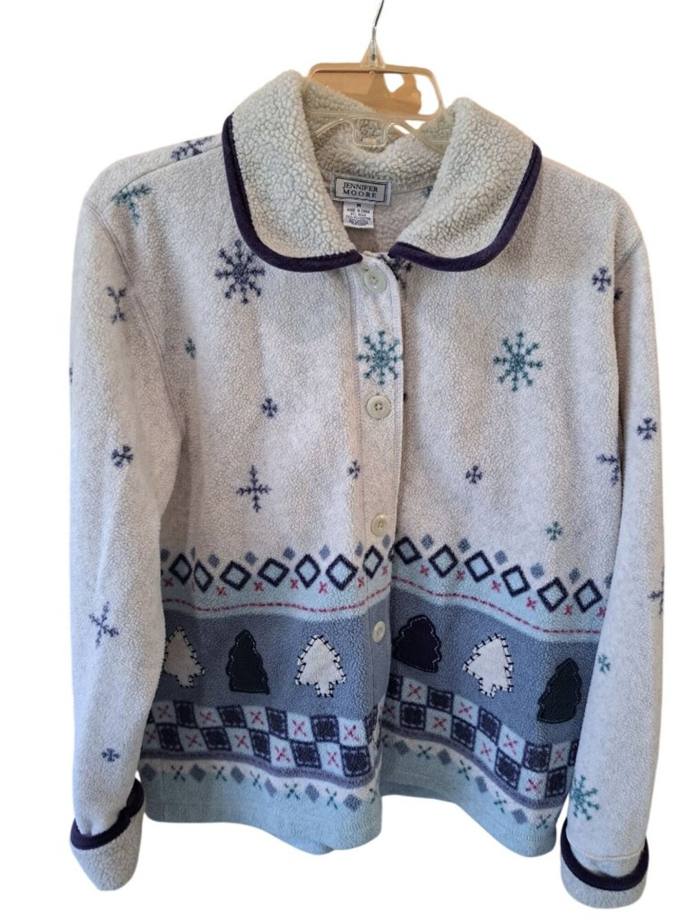 Jennifer Moore Snowflake Tree Fleece Button Up Jacket Medium Embroidered 3D